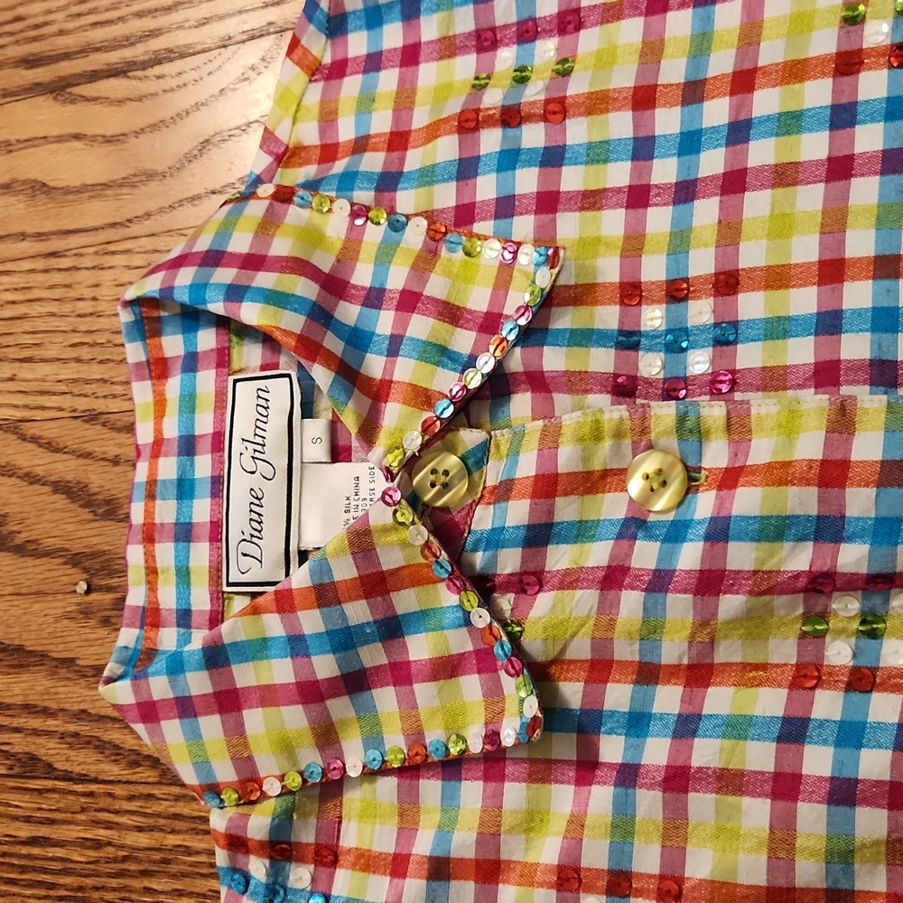 Vintage 100% Silk Long Sleeve Shirt Plaid w Sequins